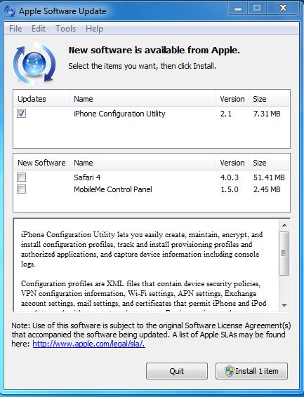 Atualização do iPhone Configuration Utility