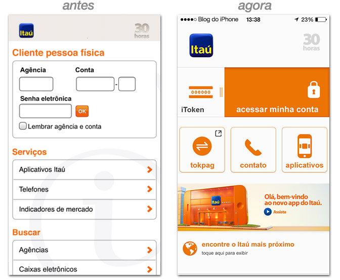 App Itaú, antes e depois