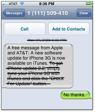 Mensagem SMS mandada pela AT&T