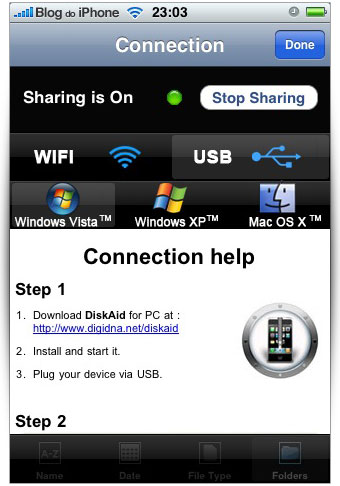 FileAid possibilita o envio de arquivos via cabo USB