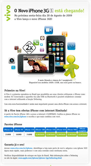 Email da Vivo sobre o iPhone 3GS