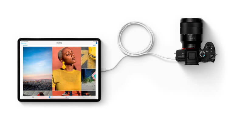 iPad Pro conectado em uma câmera fotográfica profissional