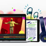 Um MacBook, um iPad e fones Beats sobrepostos, com manchas coloridas ao fundo