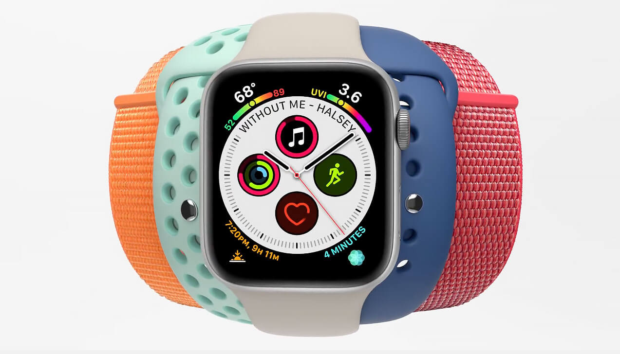 Apple Watch com várias pulseiras coloridas