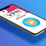 iPhone em diagonal, com as palavras "VPN no iPhone"na tela