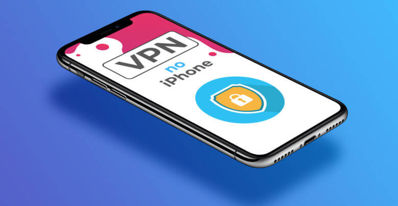 iPhone em diagonal, com as palavras "VPN no iPhone"na tela