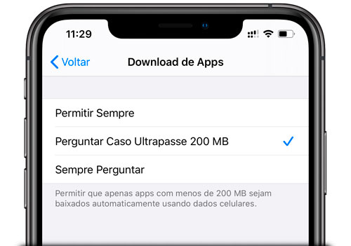 Opção download apps 4G