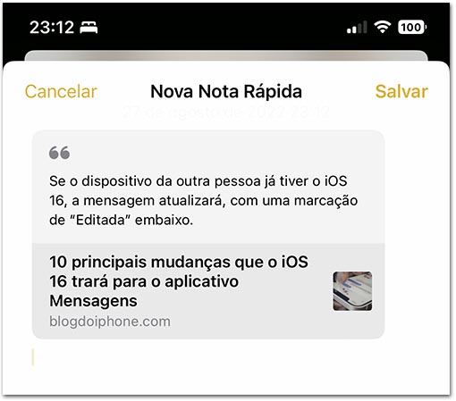 Nota Rápida iOS 16