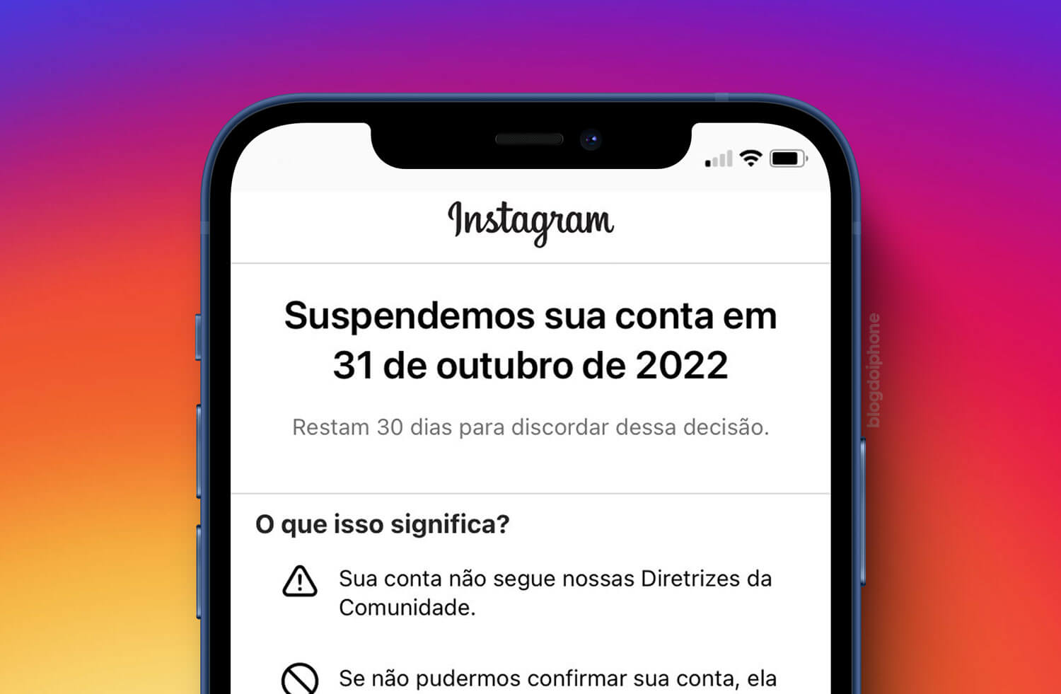 Mensagem de Instagram suspenso na tela do celular