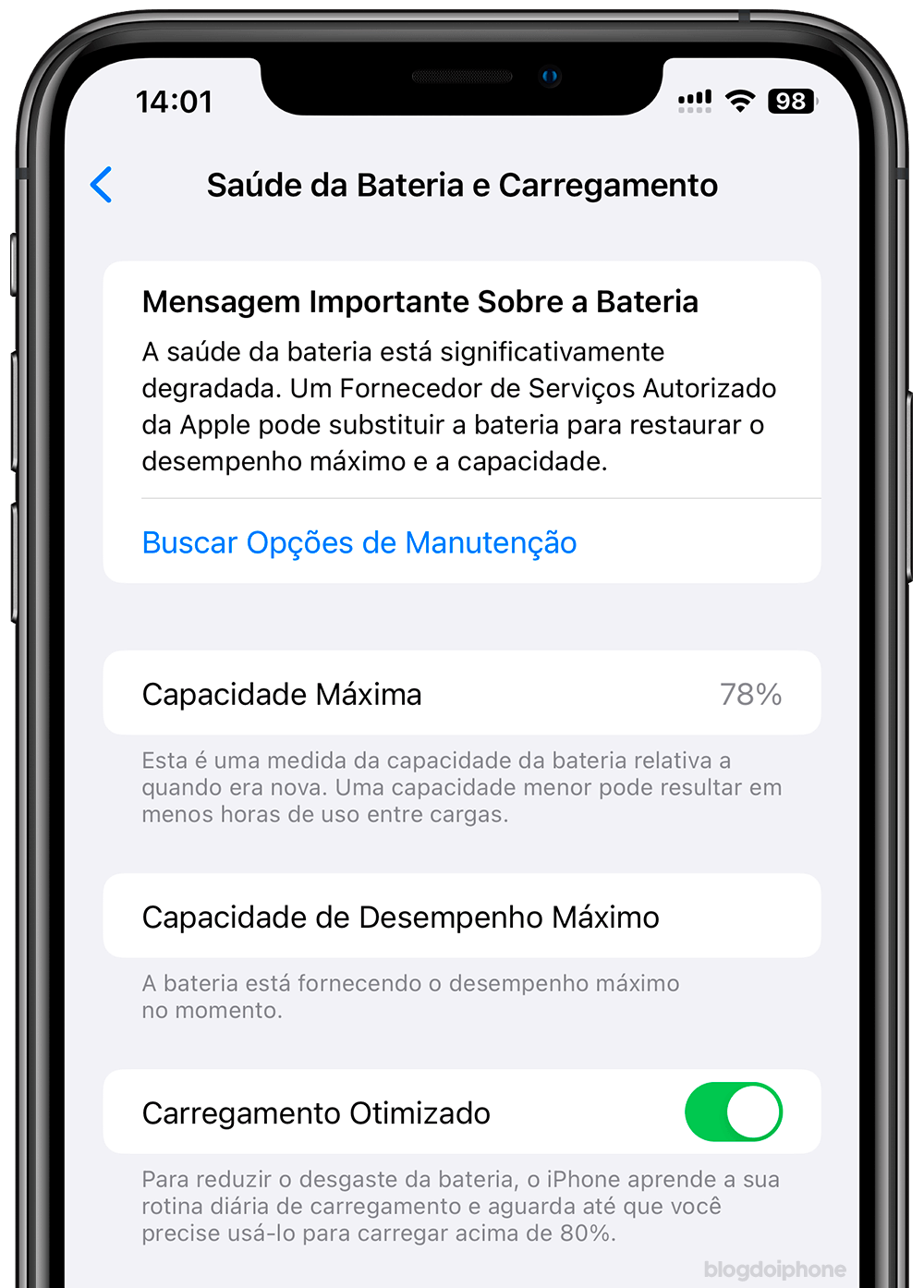 tela de saúde da bateria no iPhone