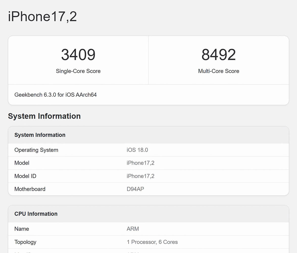 Geekbench - Performance do chip A18